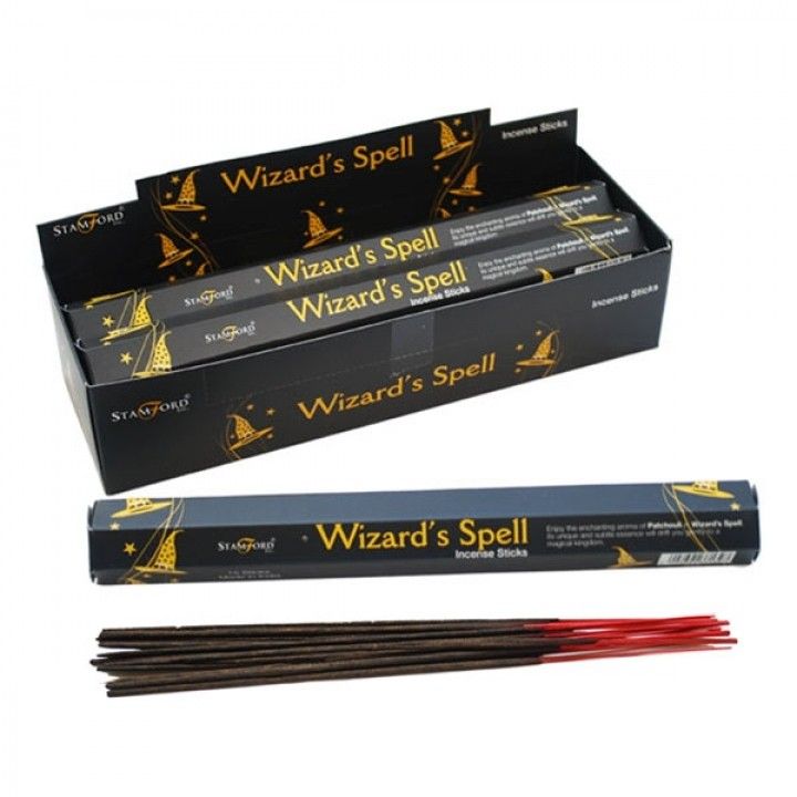 Wizard's Spell Incense Sticks in black and gold packaging, with the open display box and loose sticks
