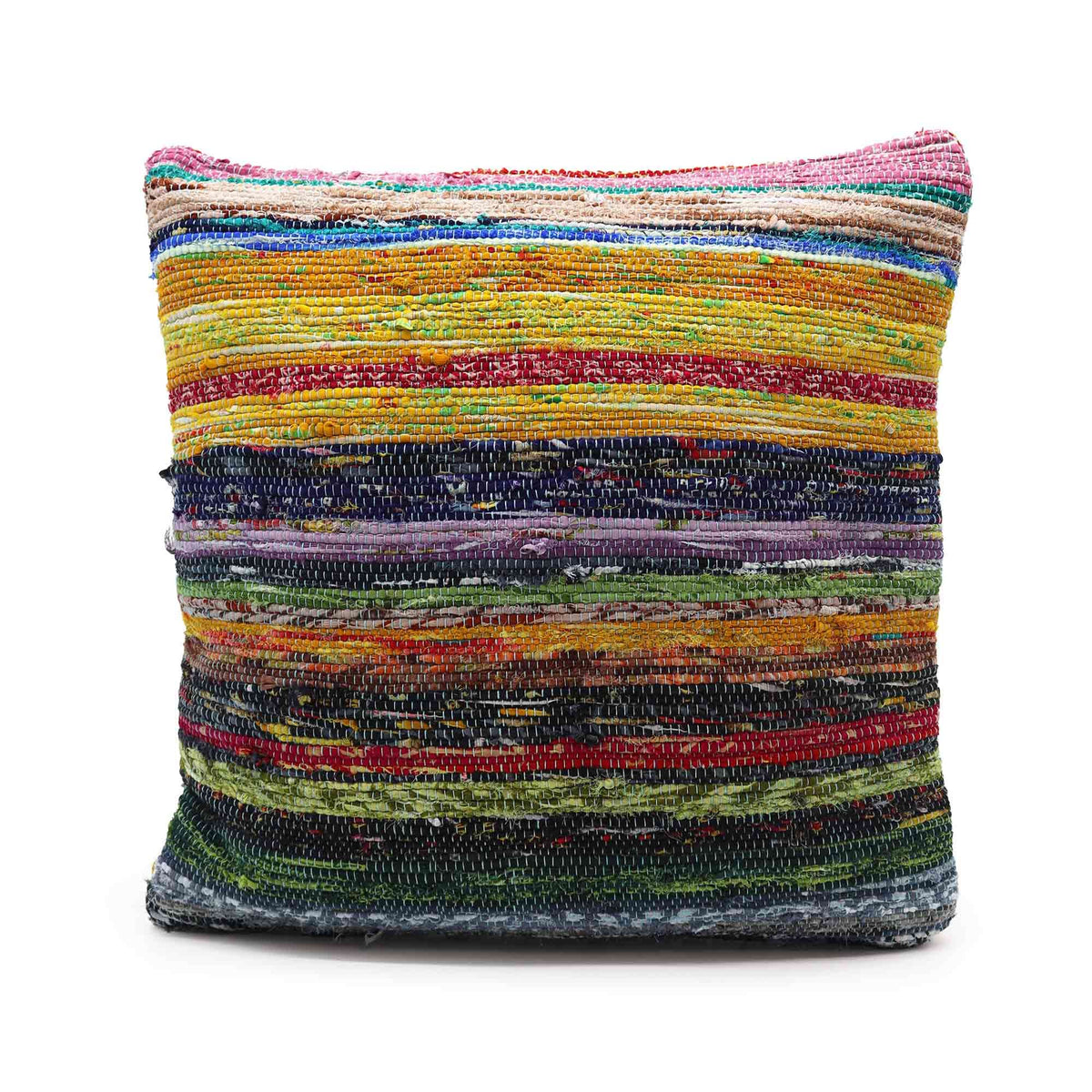 Sunrise Oranges rag rug cushion cover with bright horizontal stripes, shown alone against white