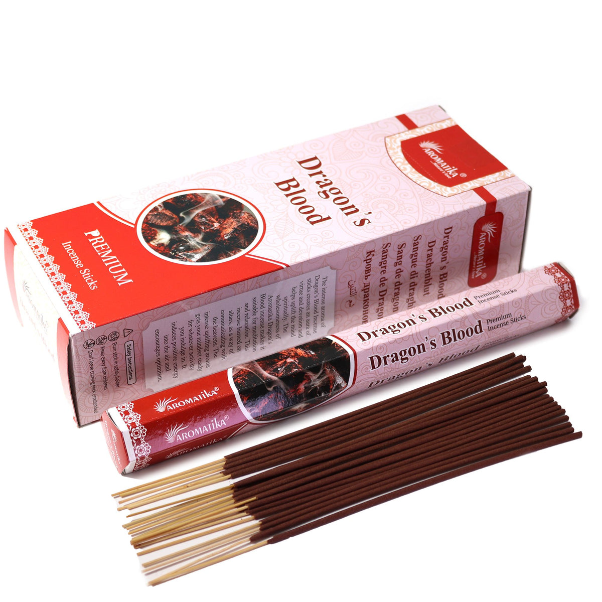 Aromatika Charcoal Free Hex Incense, Dragons Blood in a red and pink box with loose brown sticks