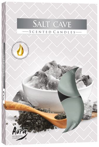 Set of 6 Scented Tealights, Salt Cave in a pale patterned box with salt crystals and a wooden spoon