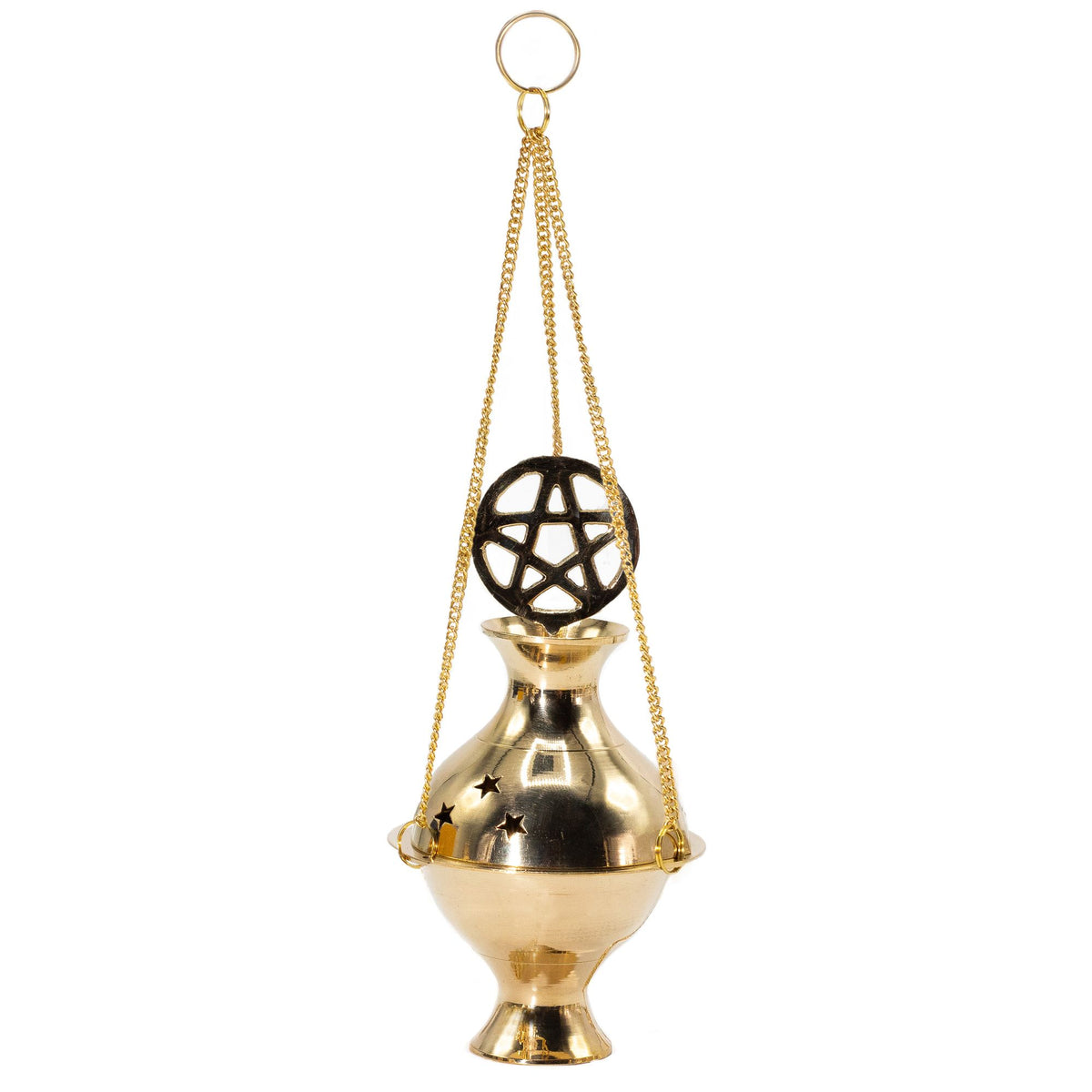 Hanging Brass Incense Burner, Pentagram, gold-toned vessel with chains and a pentagram disc on a white background