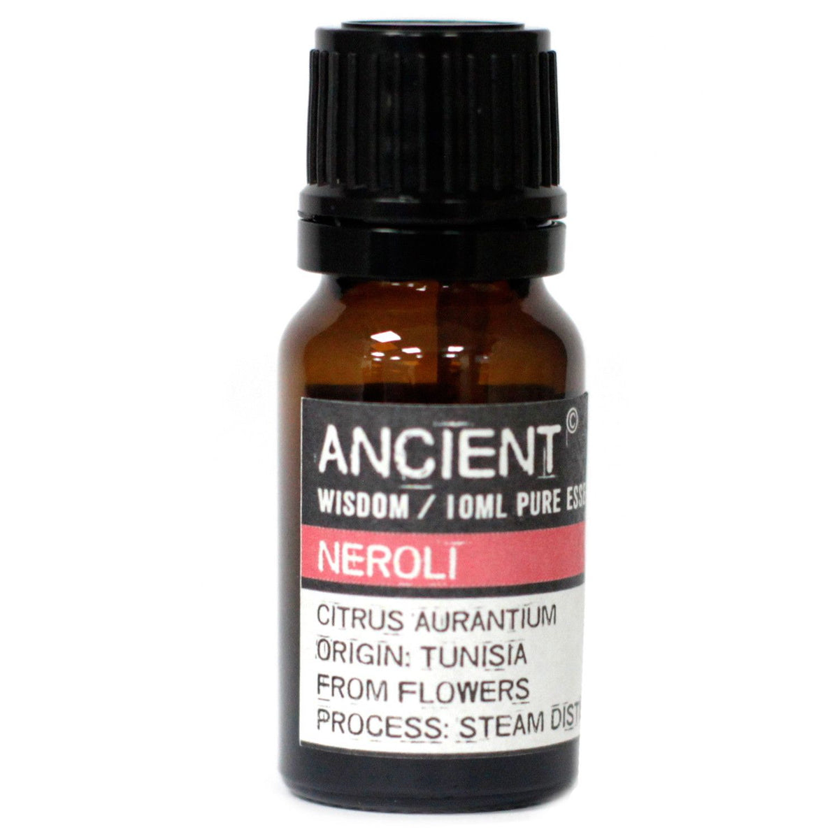 10 ml Pure Neroli Essential Oil in a brown glass bottle with a black cap and Neroli label