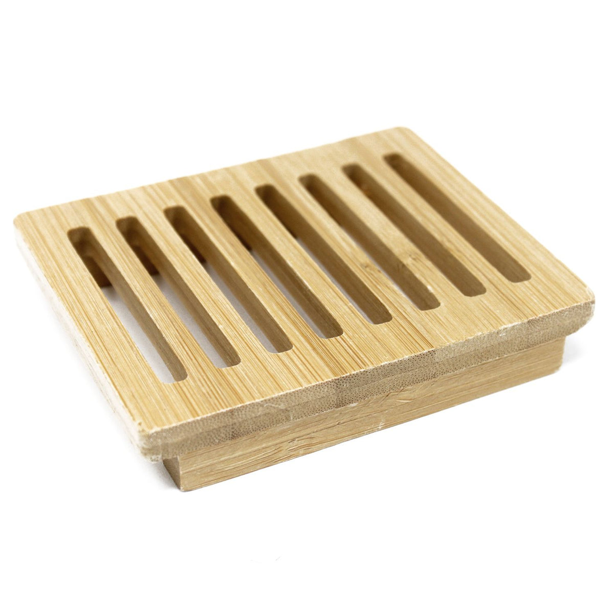 Hemu Wood Soap Dish, Box, pale wood slatted dish shown at an angle on a white background