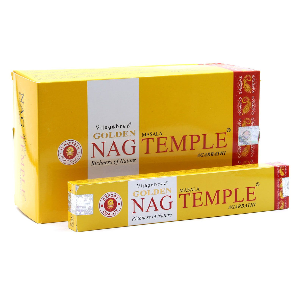 15g Golden Nag, Temple Incense in yellow and red boxes, front view on a white background