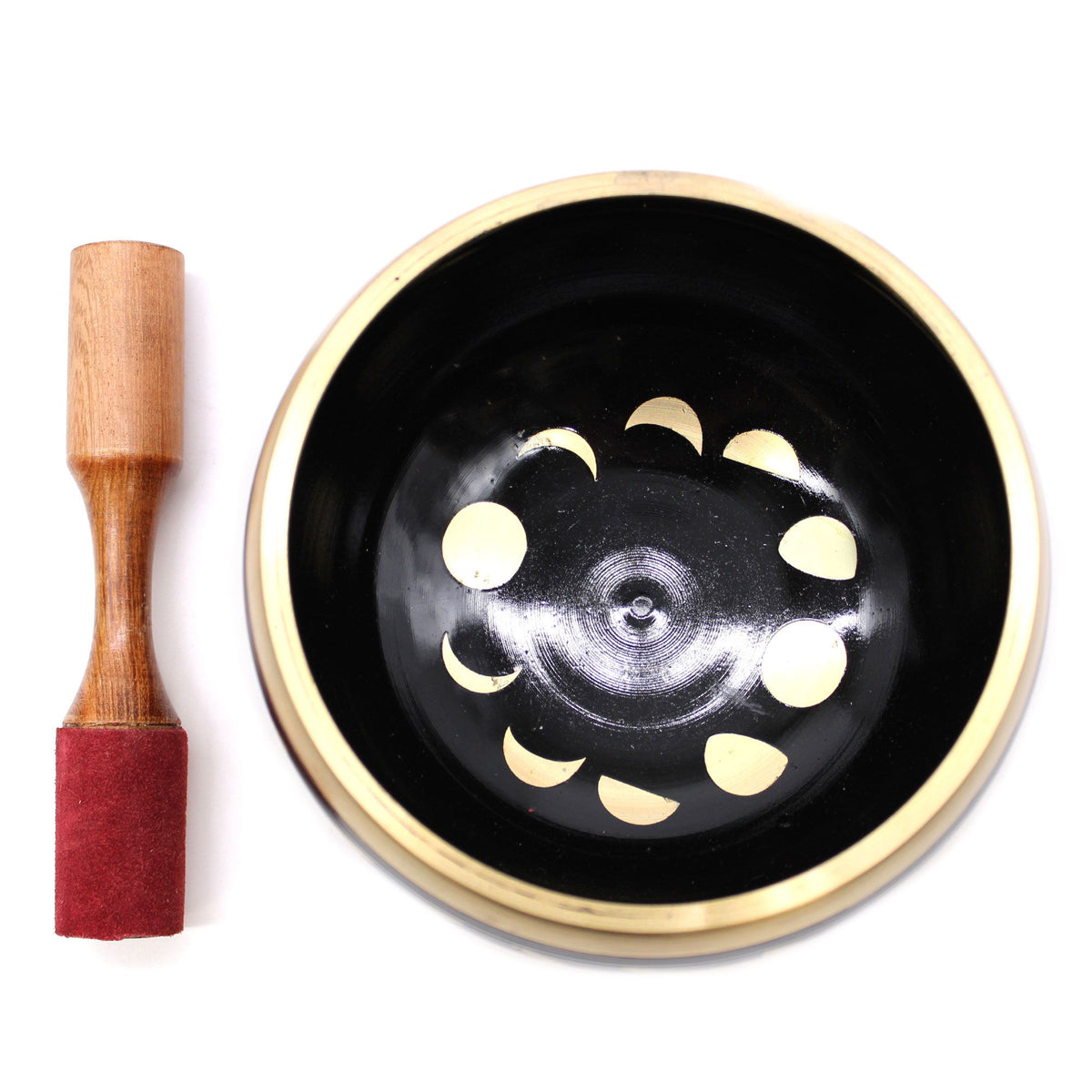 Lrg Moon Phase Singing Bowl Set, black bowl viewed from above beside a wooden striker with a red end