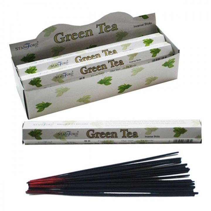 Green Tea Premium Incense in a leafy Stamford box, with a single pack and loose dark sticks displayed