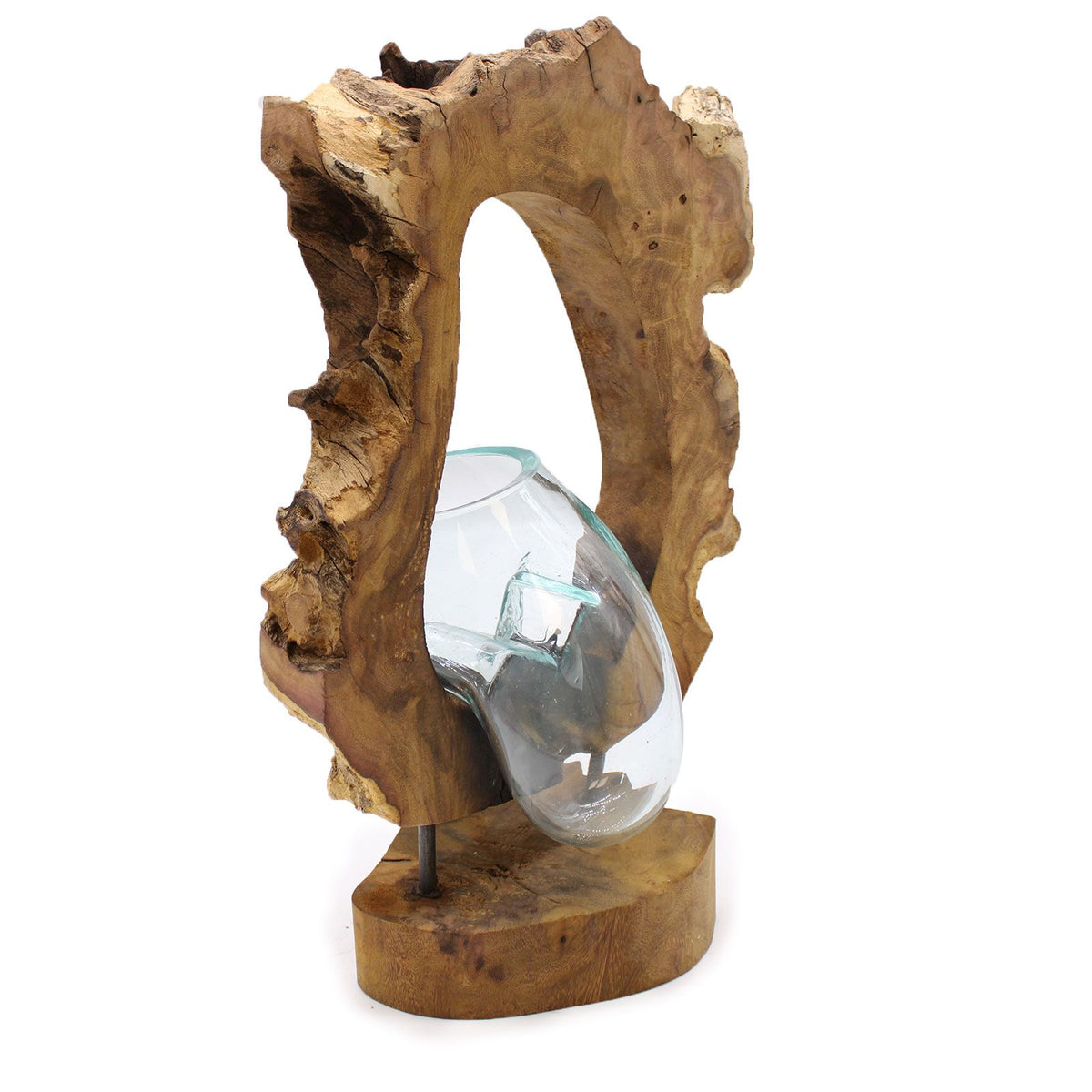 Molton Glass Hanging Art Vase on Wood, clear glass set within an irregular light brown wood frame