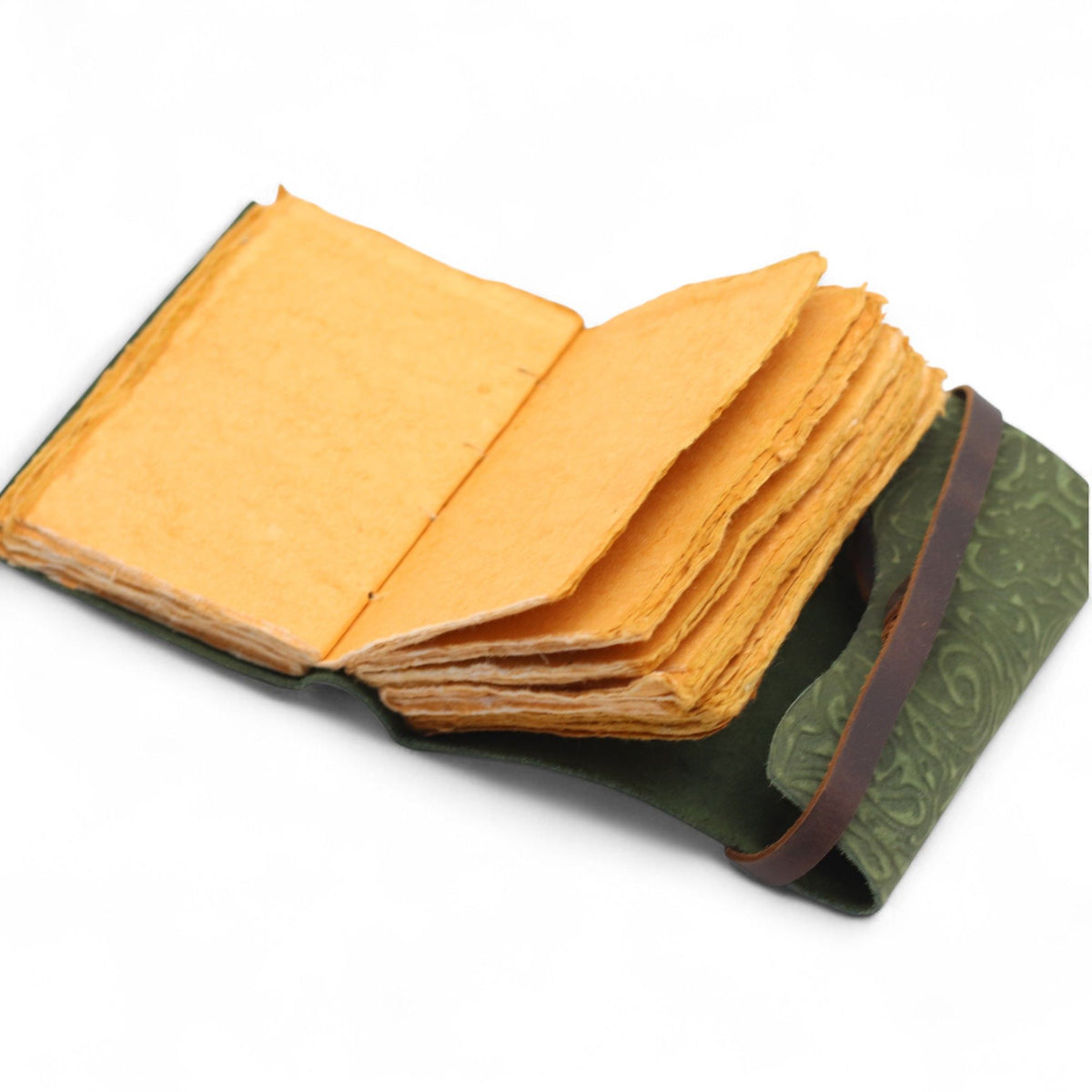 Fat Deckled Leather Notebook in green maze pattern, open to show uneven tan pages and a brown wrap tie