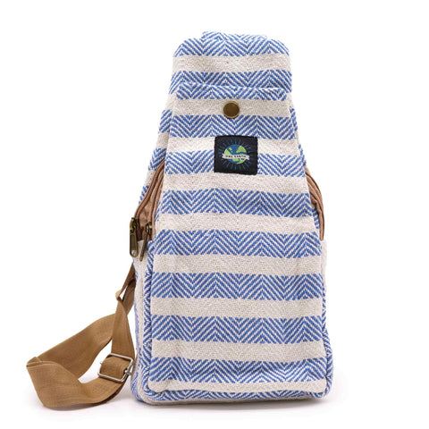 Body Cross Bag Natural Cotton, Blue & White, front view with a tan strap and blue patterned stripes