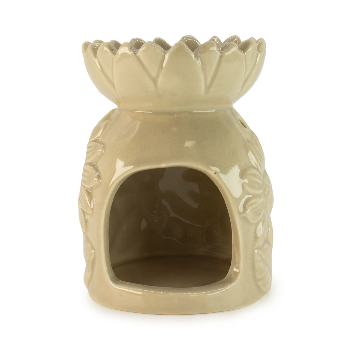 Ceramic Sunflower Oil Burner, Pastel Beige, front view showing its flower-shaped dish and open arch