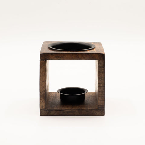 Square Mango Wood Oil Burner, Flower of Life, front view with black dish on top and bowl inside