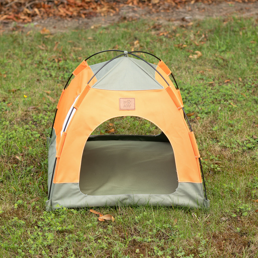 Green and orange tent bed shown without a pet