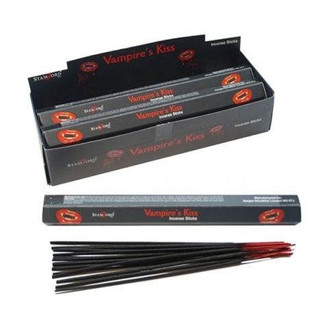 Vampire's Kiss Incense Sticks in a black display box, with a packet and loose sticks shown