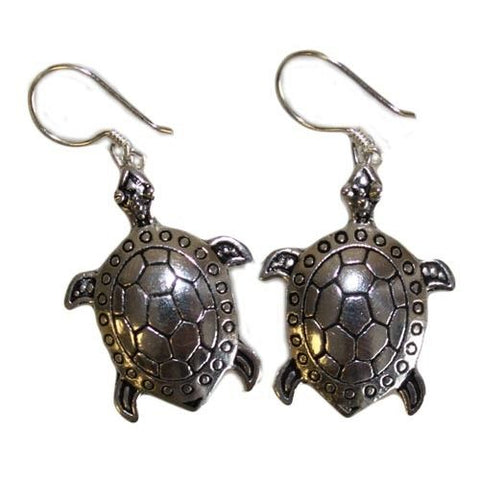 Silver Earrings, Turtles, a pair of silver-toned turtle earrings shown from the front on a white background