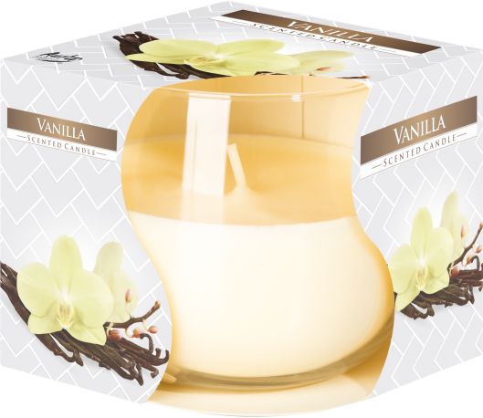 Scented Glass Jar Candle, Vanilla in a clear glass jar, shown with its printed vanilla-themed box