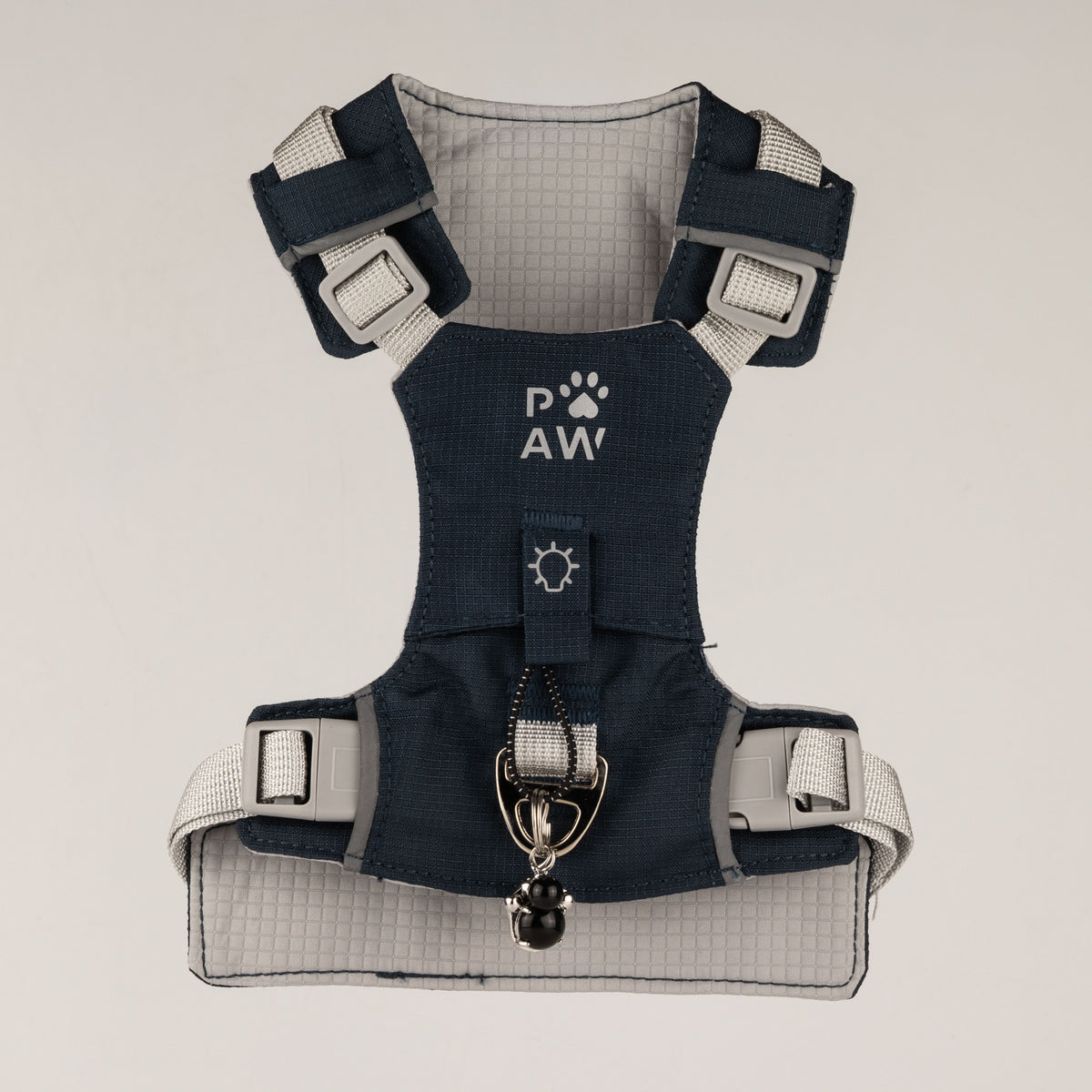 Front view showing the harness straps and clips