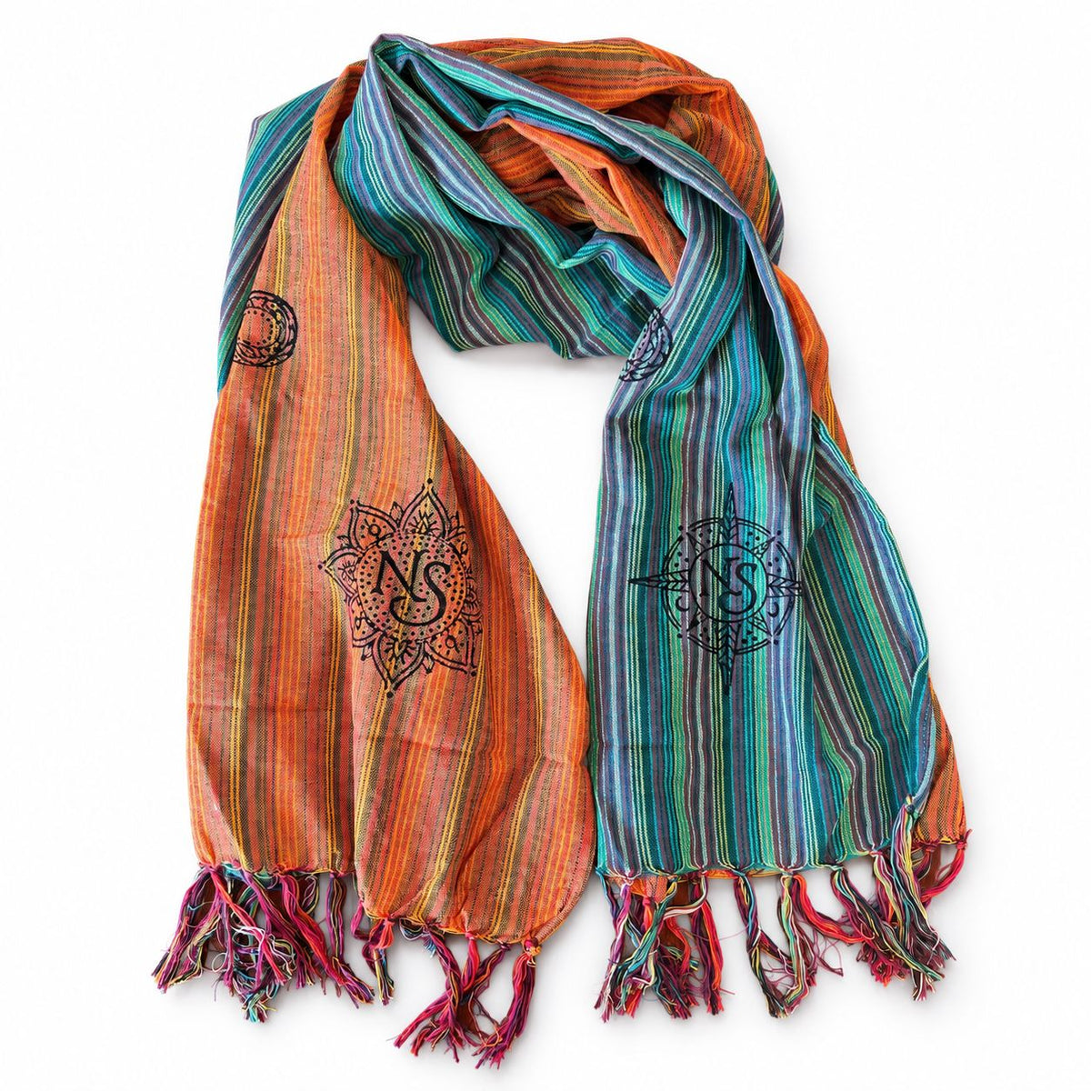 Nomad Sari Pilgrim's Dawn scarf with orange and blue sections and fringed ends