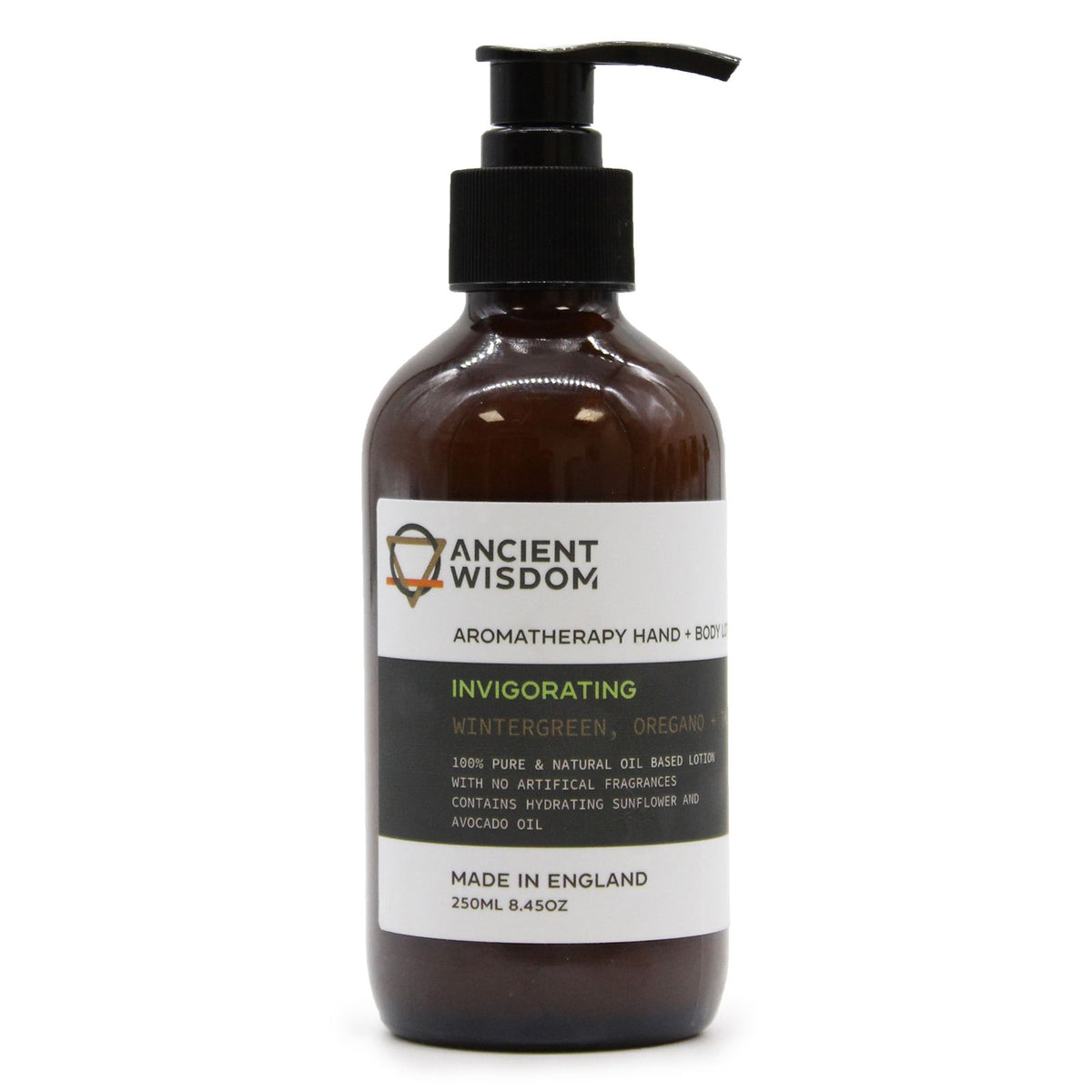 Wintergreen, Oregano & Thyme Hand & Body Lotion 250ml in an amber bottle with a black pump, front view