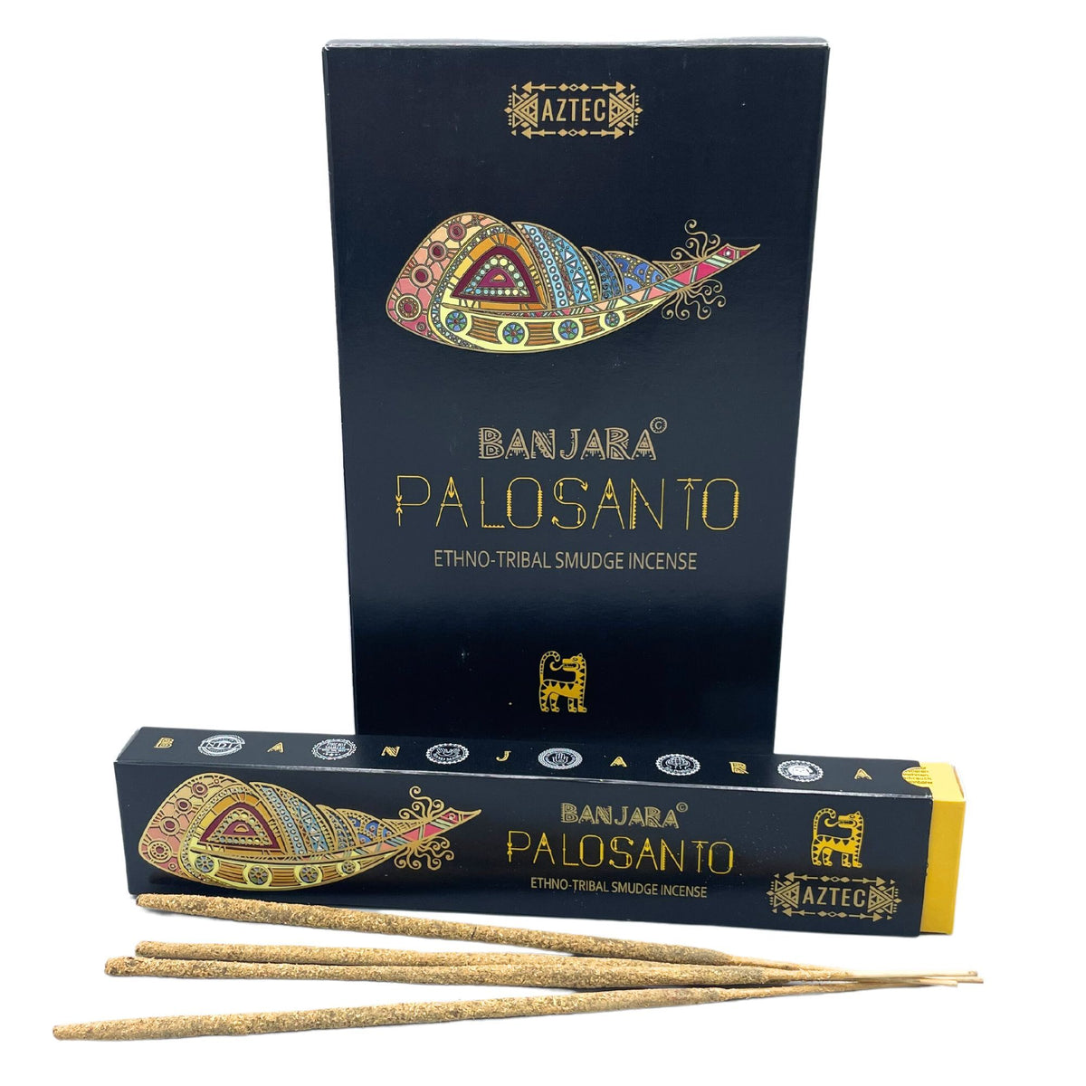 Banjara Tribal Smudge Palo Santo incense box with the sticks fanned above it