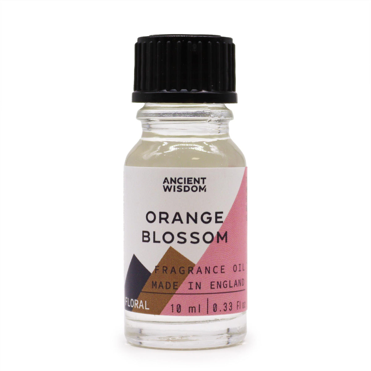 10ml Orange Blossom Fragrance Oil in a clear glass bottle with a black cap and pink geometric label
