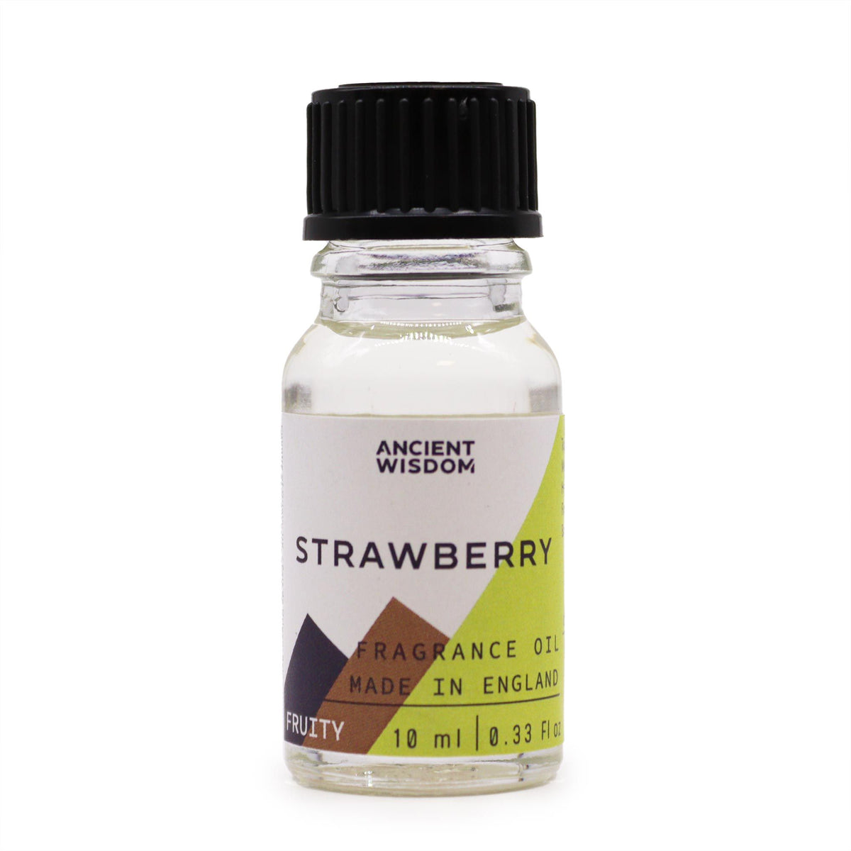 Strawberry fragrance oil bottle with black cap and white label, shown upright against a plain white background