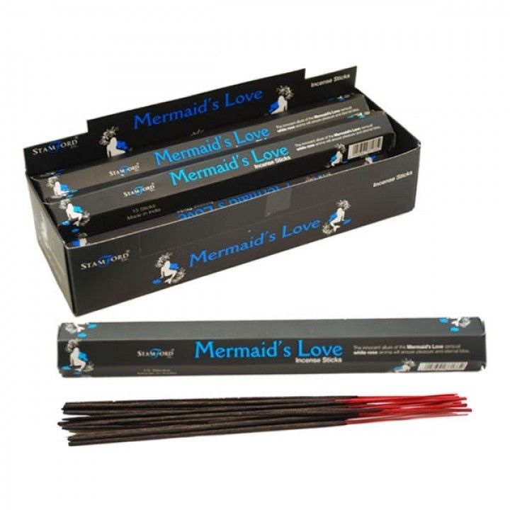 Mermaid's Love Incense Sticks in a black open display box, with one carton and loose sticks