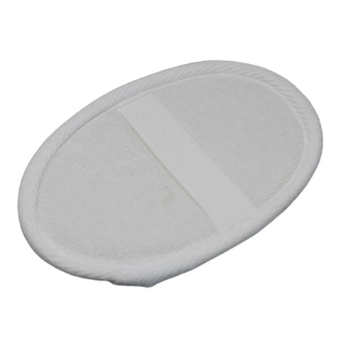 Natural Loofah Body Scrubs, Oval, white oval scrubber shown from the strap side on a plain background