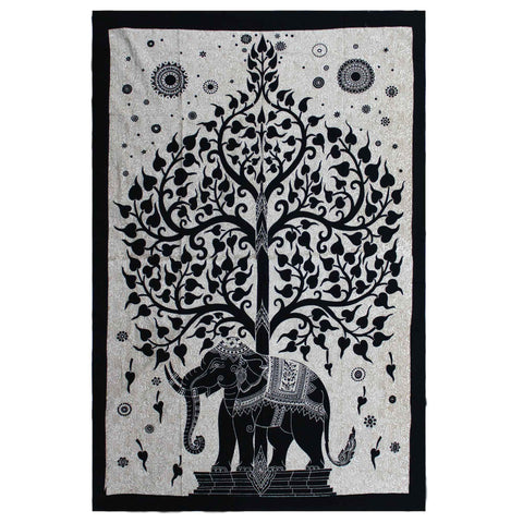 Single Cotton Bedspread + Wall Hanging, Mono, Elephant Tree, black tree and elephant pattern on a pale background