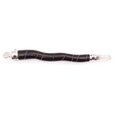 Natural Curved Wood and Rock Quartz Wand, dark curved handle with clear crystal ends, shown horizontally