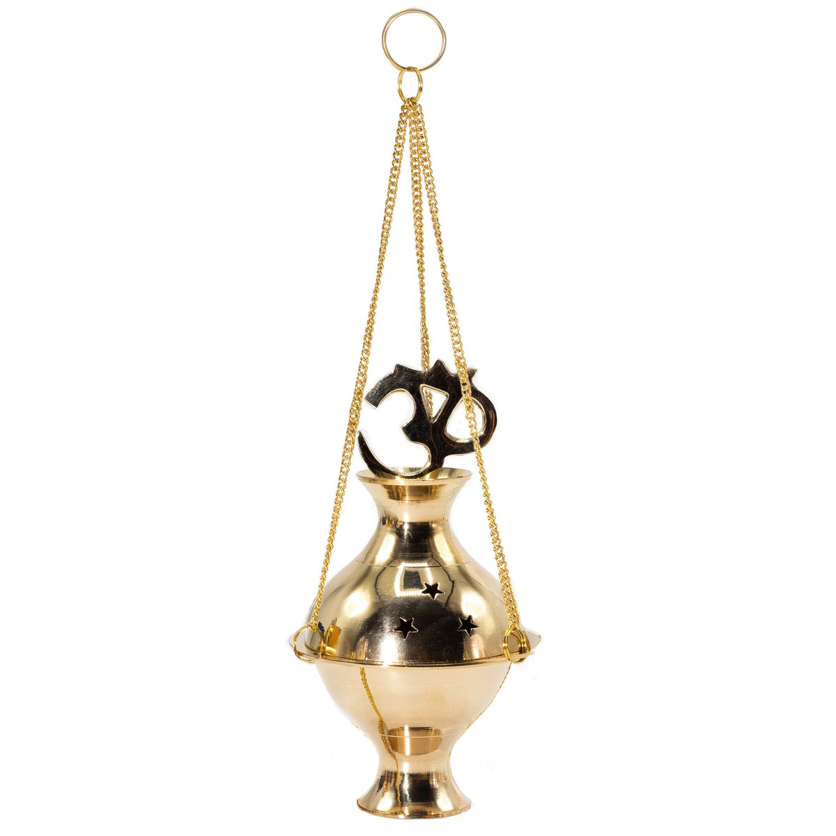 Hanging Brass Incense Burner, Om, polished gold-coloured vessel suspended by chains on a white background