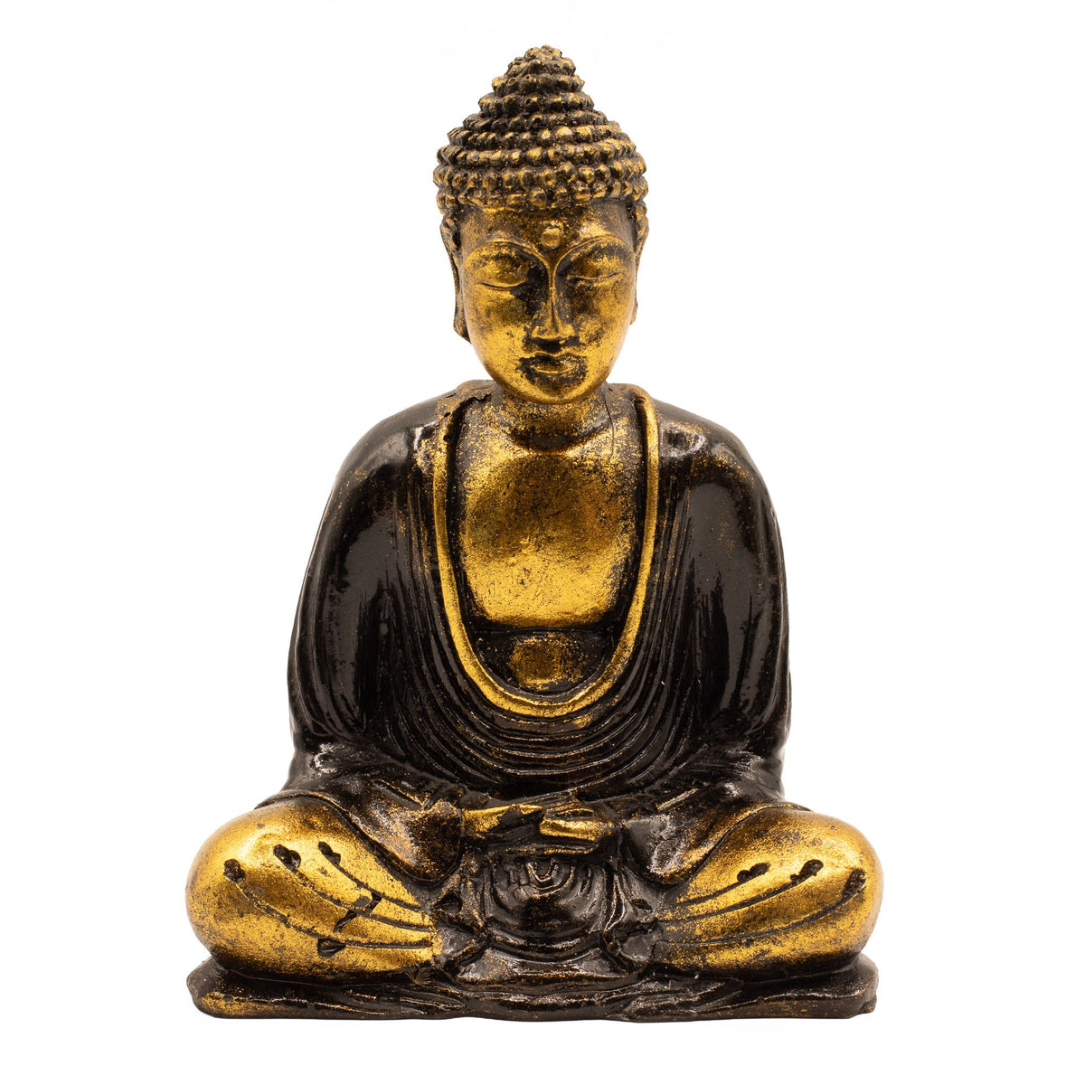 Black & Gold Buddha, Medium, seated front view against a plain white background