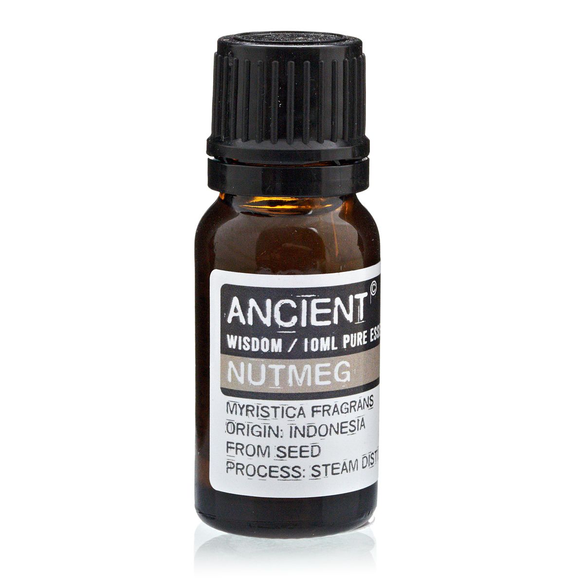 10 ml Nutmeg Essential Oil in a dark glass bottle with a black cap, shown upright from the front