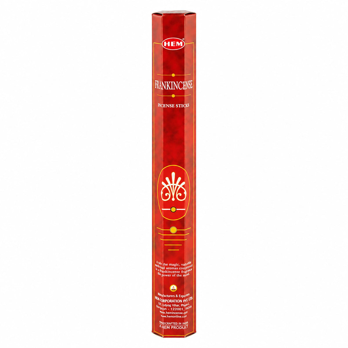 HEM Frankincense incense in a tall red hexagonal pack