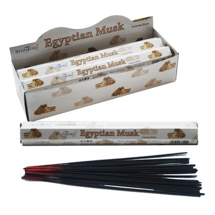 Egyptian Musk Premium Incense in its open display box, with one wrapped pack and dark incense sticks