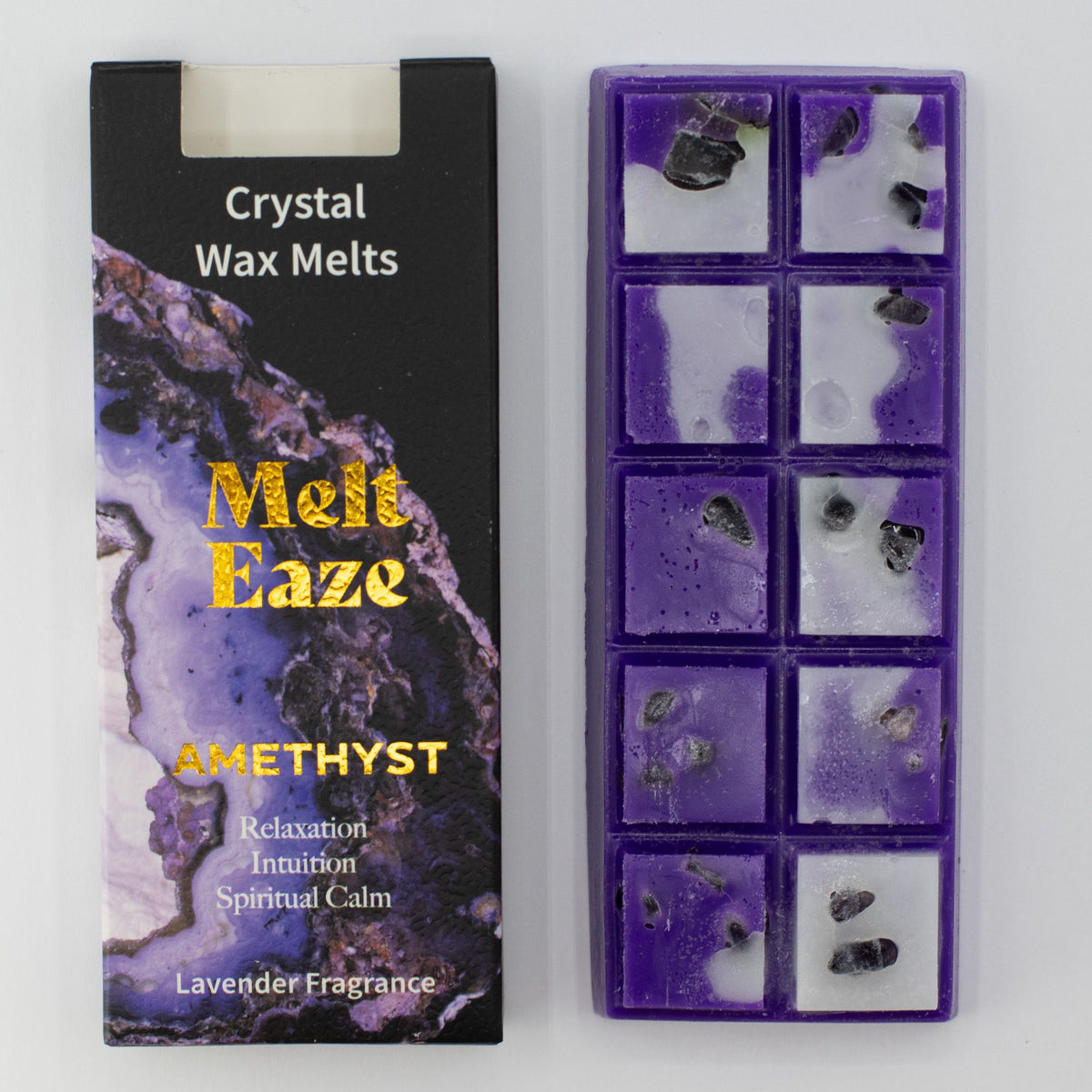 Amethyst Dream wax melt bar beside its black sleeve, showing purple squares with dark chips
