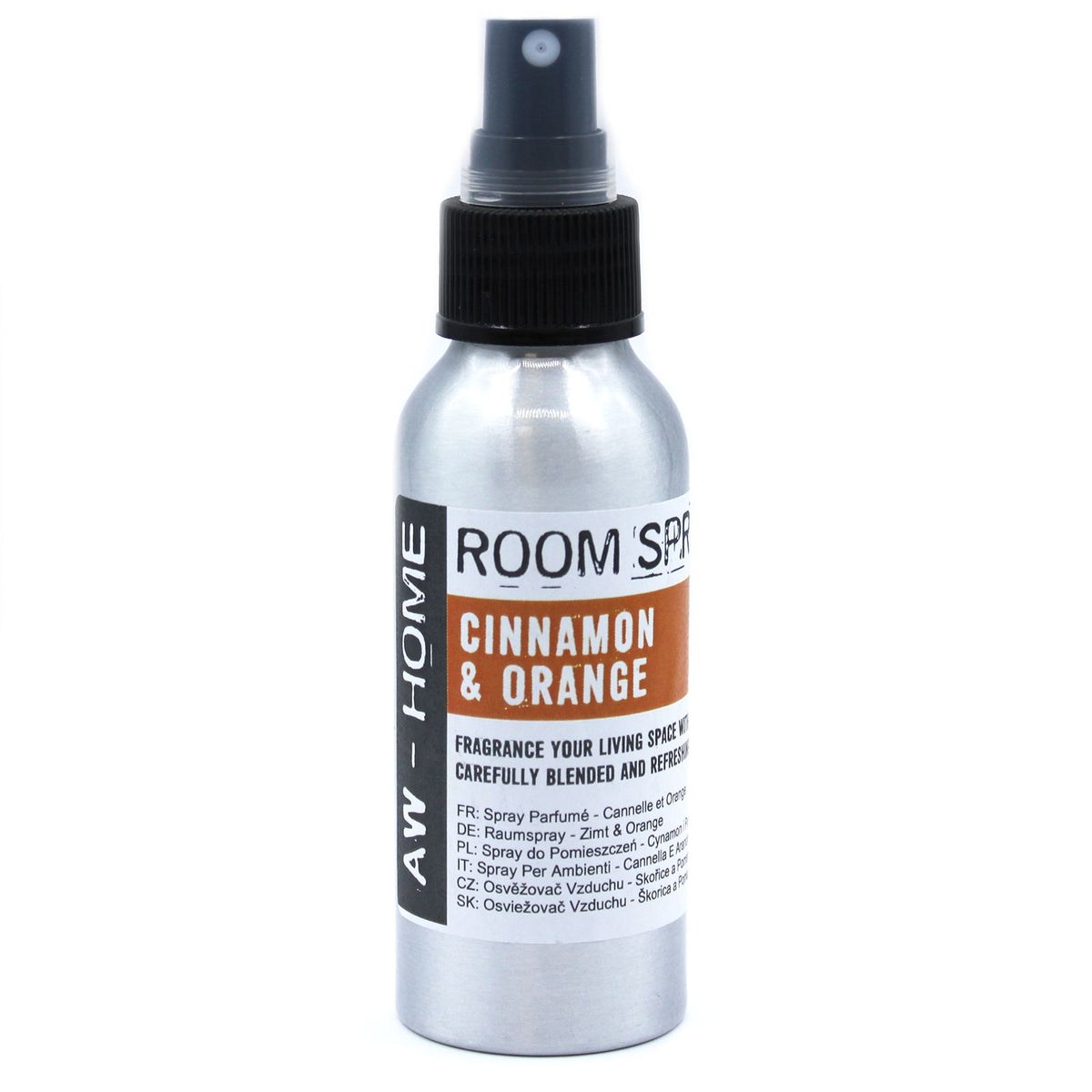100ml Room Spray, Cinnamon & Orange in a silver bottle with a black spray nozzle, shown from the front