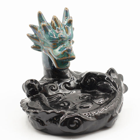 Large Dragon Pool burner shown upright, with a glossy black pool and teal dragon head on white