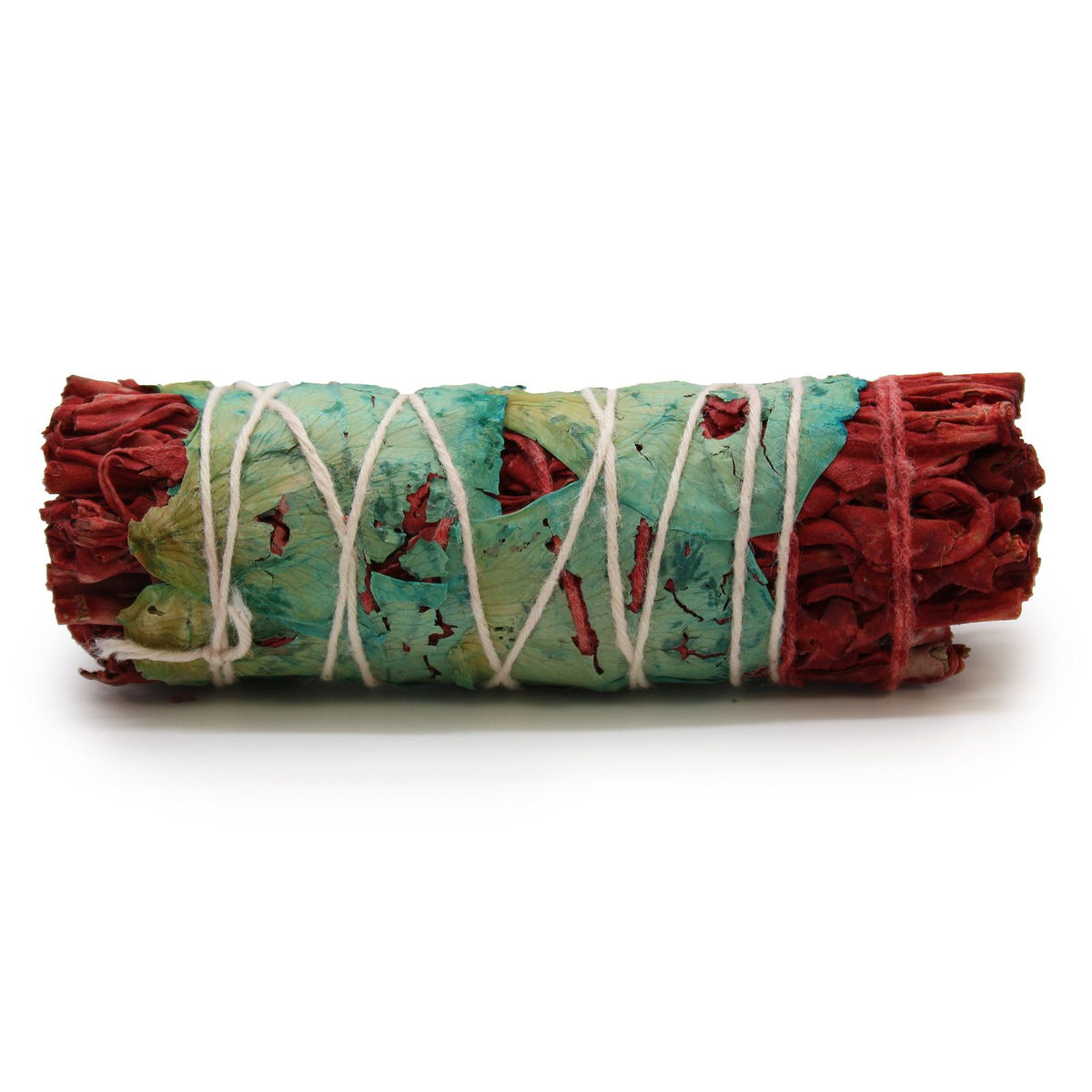 Smudge Stick, Dragons Blood Floral Sage 10cm, turquoise and red bundle tied with white string, front view