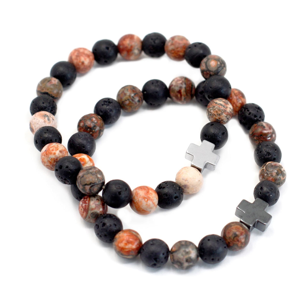 Two gemstone friendship bracelets with black and mottled orange beads and silver cross-shaped details
