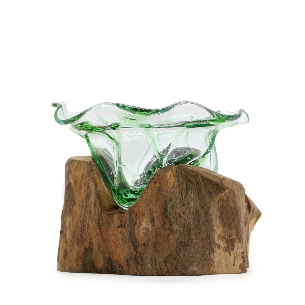 Recycled Beer Bottles, Large Fancy Sweet Bowl on Wood, green glass bowl on a wooden base, front view