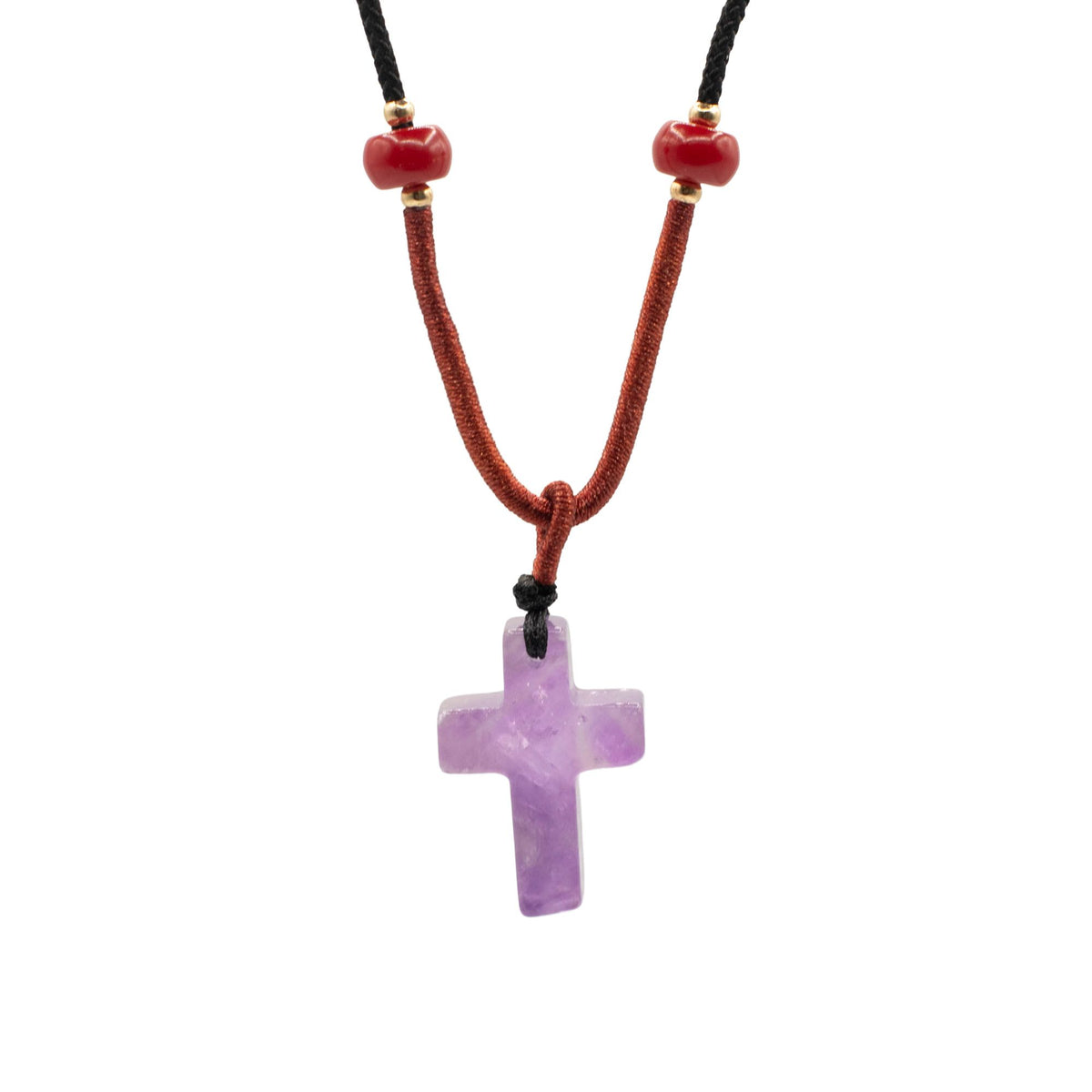 Cord Necklace Gemstone Pendant, Amethyst Cross with purple cross pendant and red-brown cord, shown close up
