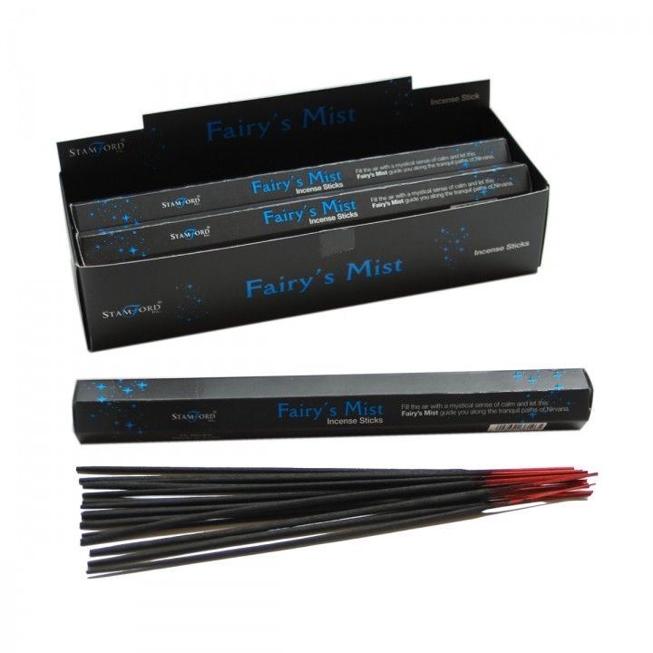 Fairy's Mist Incense Sticks in black Stamford packaging, with a display box, one stick box and loose sticks