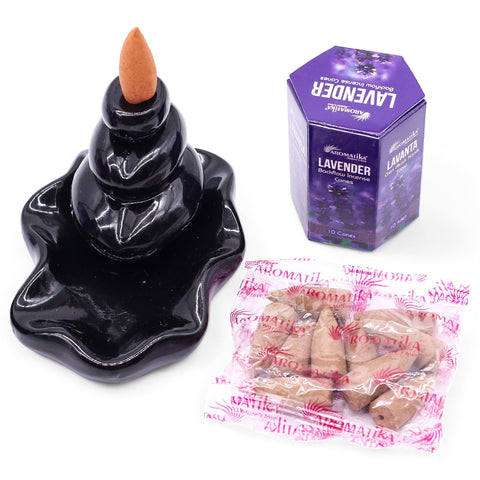 Pack of 10 Masala Backflow Incense, Lavender with a black burner, purple box and wrapped cones