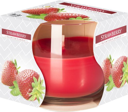 Scented Glass Jar Candle, Strawberry in a clear curved glass jar with red wax, shown in its strawberry-print box