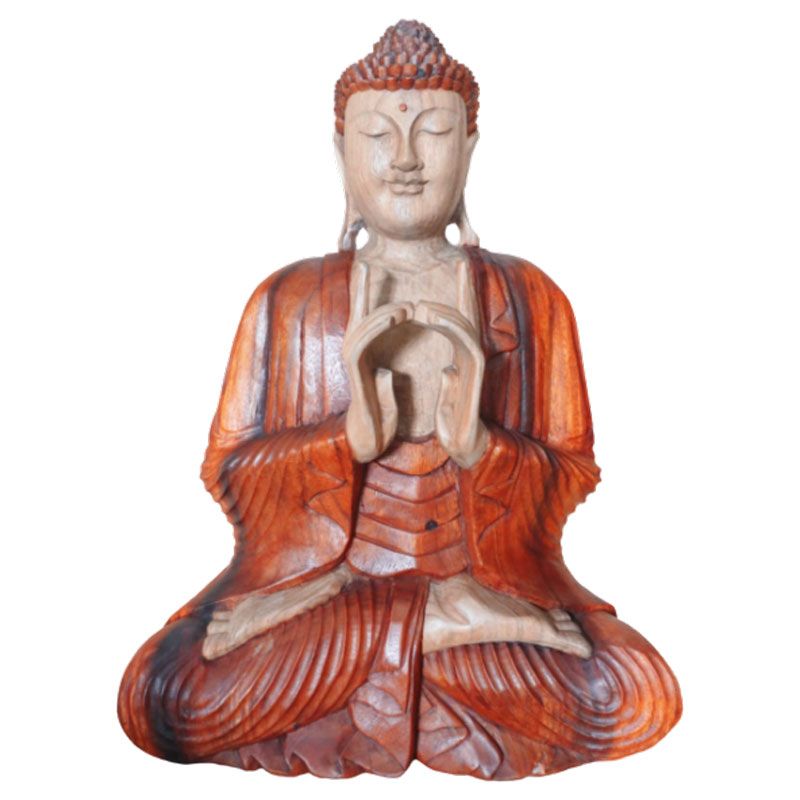 Buddha statue seated cross-legged with both hands raised, full front view against white