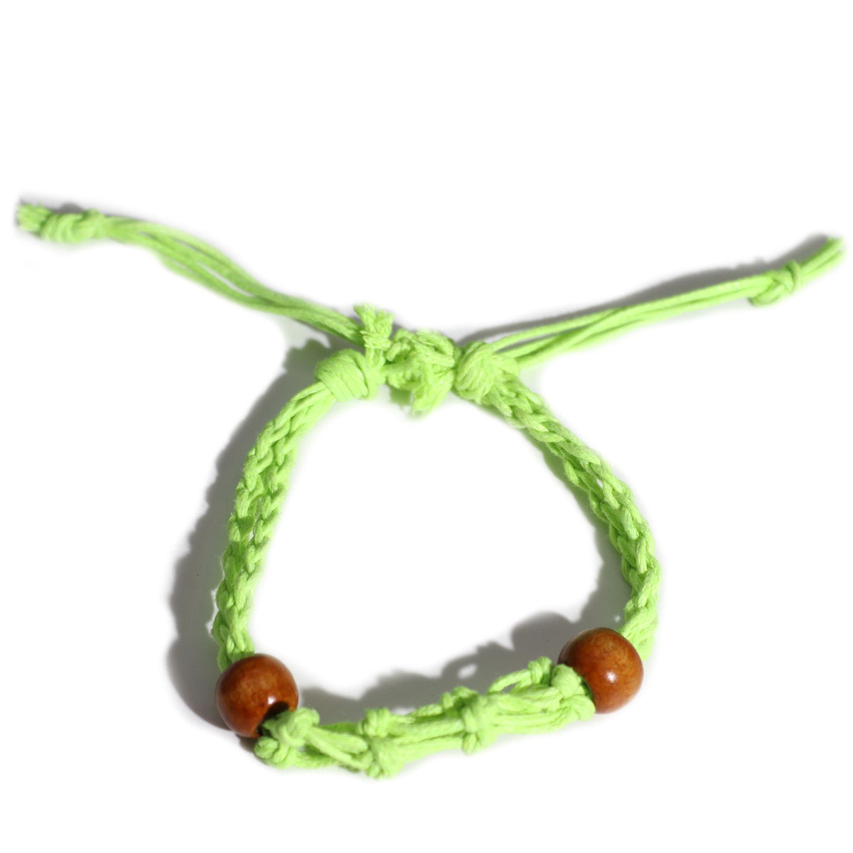 Green gemstone bracelet cord without a stone, showing its open loop, brown beads and tied ends
