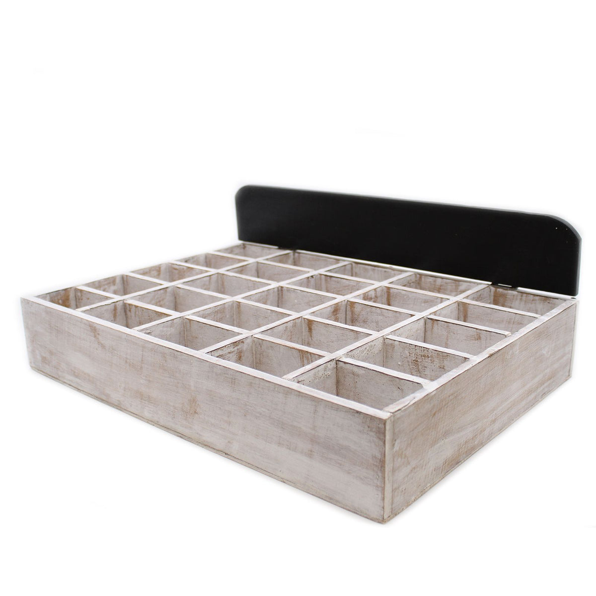 Wooden Compartment Tray, 25 Sections, pale distressed wood with open compartments and a dark top edge