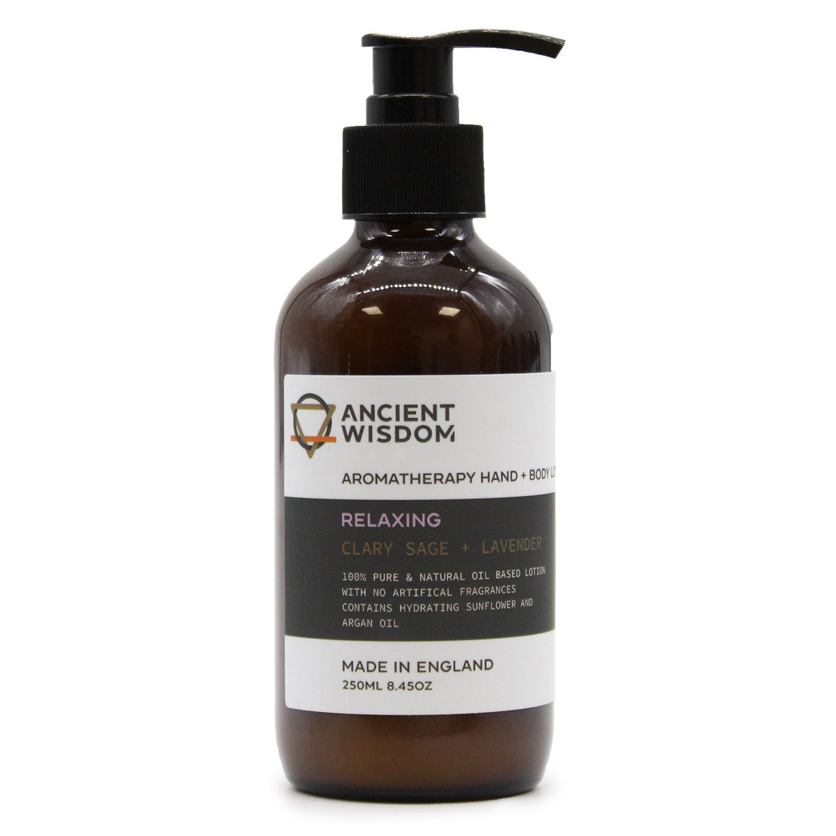 Clary Sage & Lavender Hand & Body Lotion 250ml, single amber pump bottle shown from the front on white