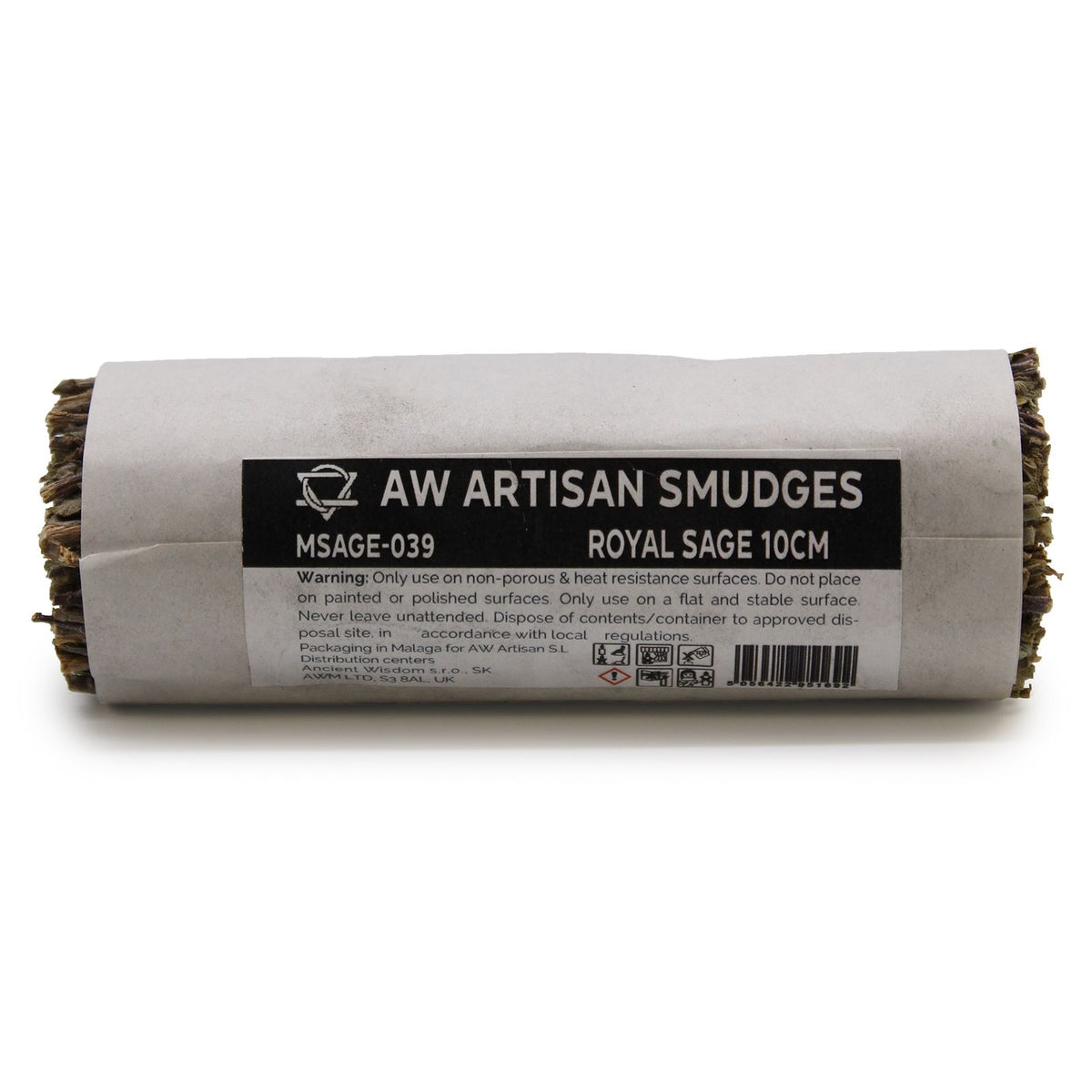 Smudge Stick, Royal Sage 10cm in a white paper wrapper with a black label, shown from the side