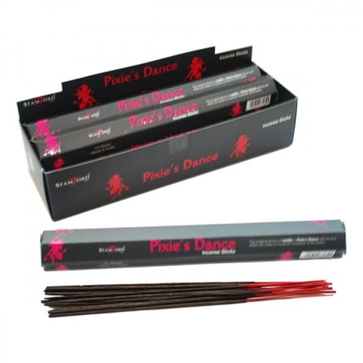 Pixie's Dance Incense Sticks, black and red sticks beside their printed box and a single sleeve